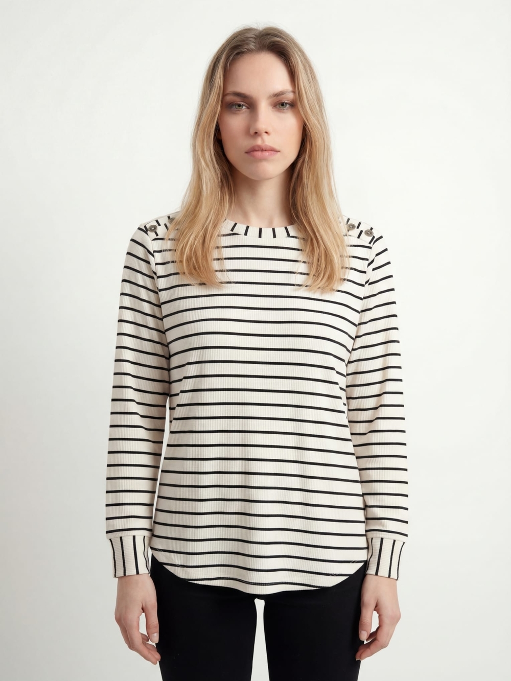Jane + Delancey Womens White Black Striped Ribbed Top Button Shoulder 3/4 Sleeve
